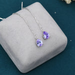 Alexandrite Purple Blue Droplet CZ Threader Earrings in Sterling Silver, Silver or Gold, Pear Cut CZ Long Ear Threaders, Sparkly Threaders