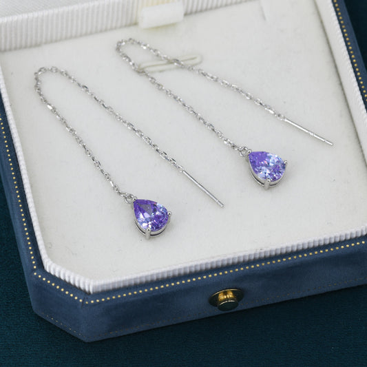 Alexandrite Purple Blue Droplet CZ Threader Earrings in Sterling Silver, Silver or Gold, Pear Cut CZ Long Ear Threaders, Sparkly Threaders