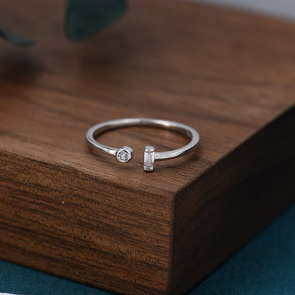 Baguette CZ Open Ring in Sterling Silver, Silver or Gold, Adjustable, Baguette Ring, Minimalist CZ Ring, Geometric Ring