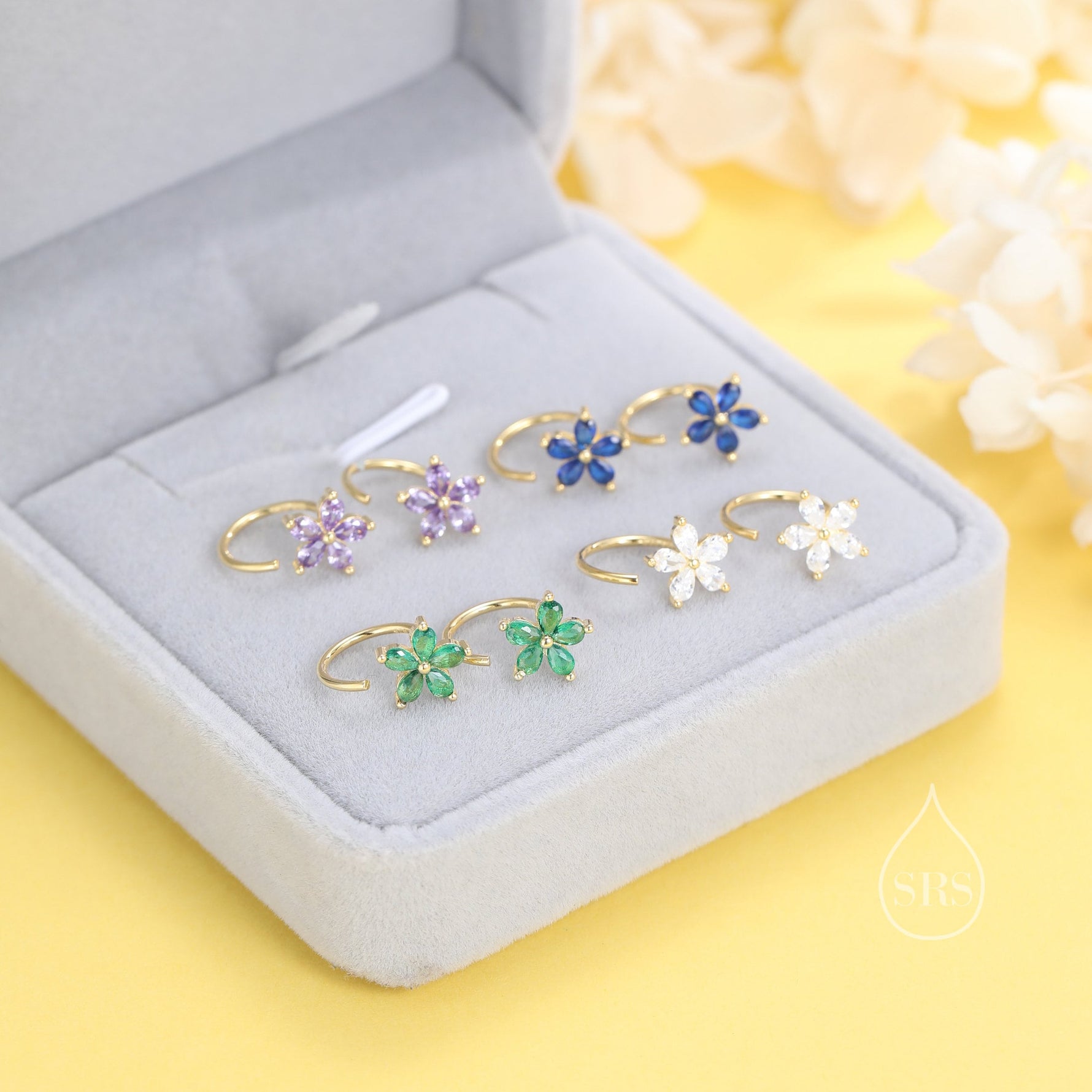 Sterling Silver CZ Flower Huggie Hoop Earrings, CZ Flower Open Huggies, CZ Open Hoops, C Hoops in Sterling Silver. Flower Earrings