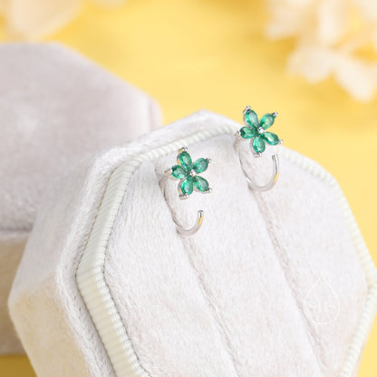 Sterling Silver CZ Flower Huggie Hoop Earrings, CZ Flower Open Huggies, CZ Open Hoops, C Hoops in Sterling Silver. Flower Earrings