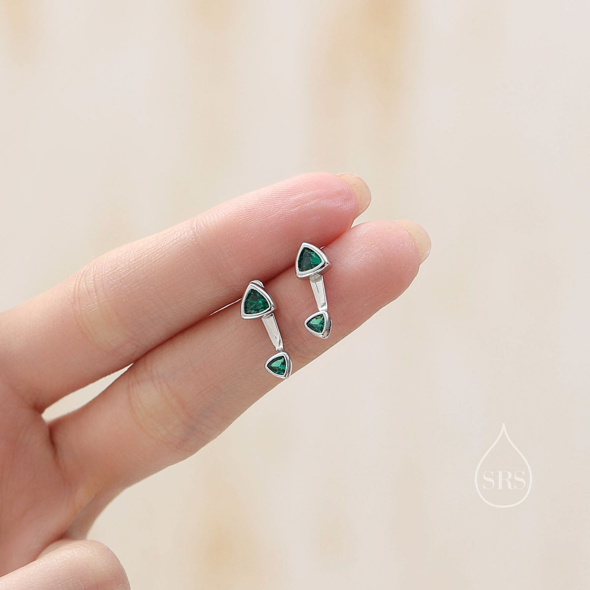 Double Trillion Cut CZ Ear Jacket in Sterling Silver, Silver or Gold, Available in Black, Green, Clear CZ, Front and Back Earrings