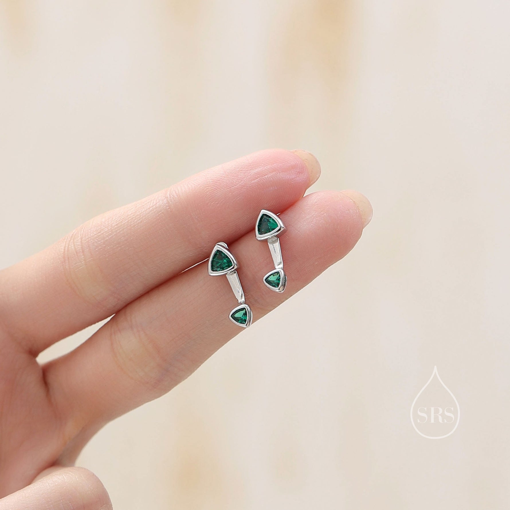 Double Trillion Cut CZ Ear Jacket in Sterling Silver, Silver or Gold, Available in Black, Green, Clear CZ, Front and Back Earrings