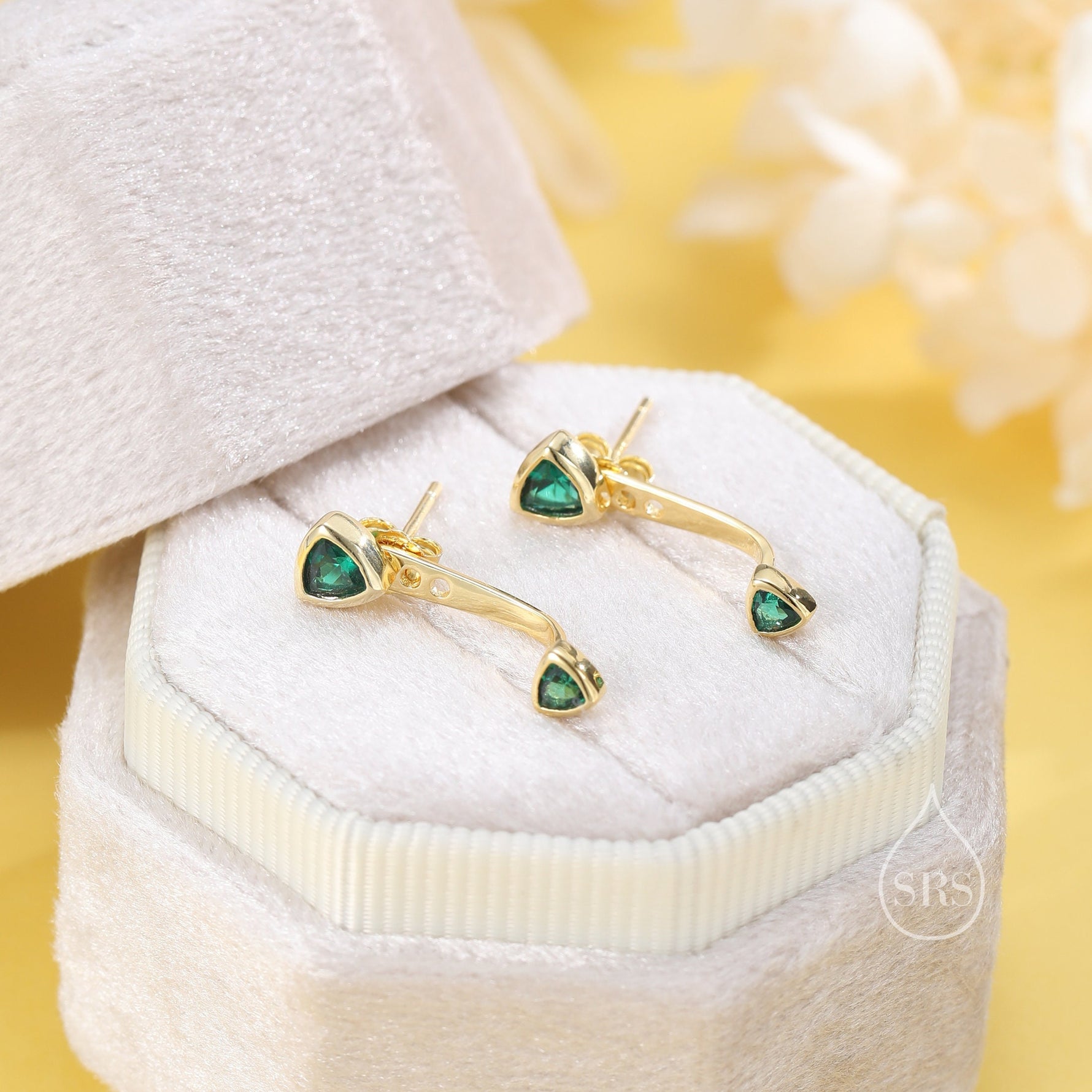 Double Trillion Cut CZ Ear Jacket in Sterling Silver, Silver or Gold, Available in Black, Green, Clear CZ, Front and Back Earrings