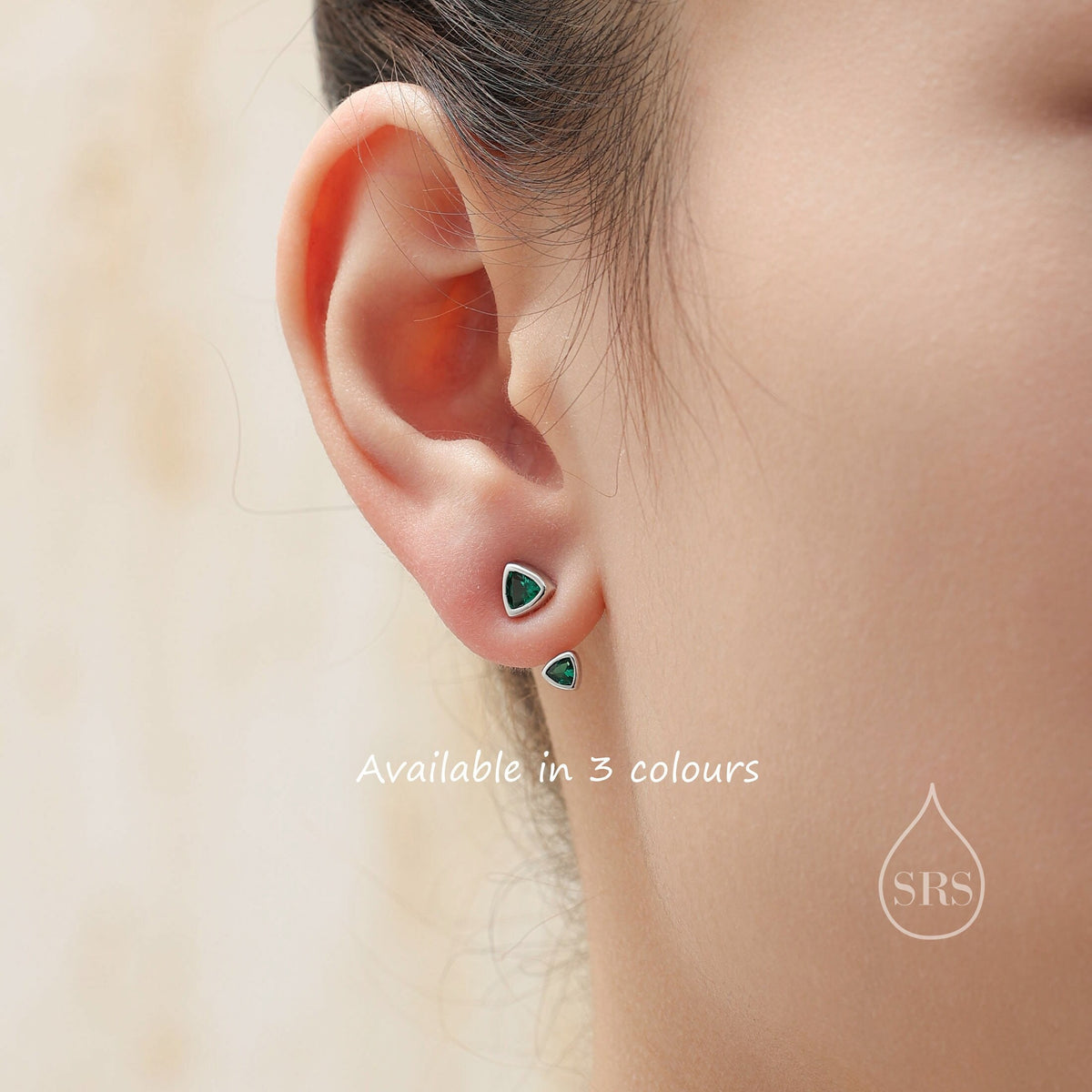 Double Trillion Cut CZ Ear Jacket in Sterling Silver, Silver or Gold, Available in Black, Green, Clear CZ, Front and Back Earrings
