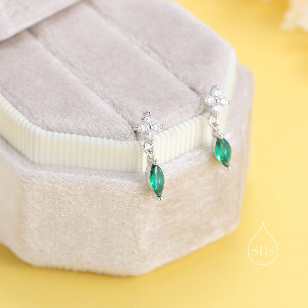 Sterling Silver Four CZ and Marquise Stud Earrings, Hydrangea CZ Earrings, CZ Dangle Stud Earrings, Silver or Gold, Available in 4 Colours