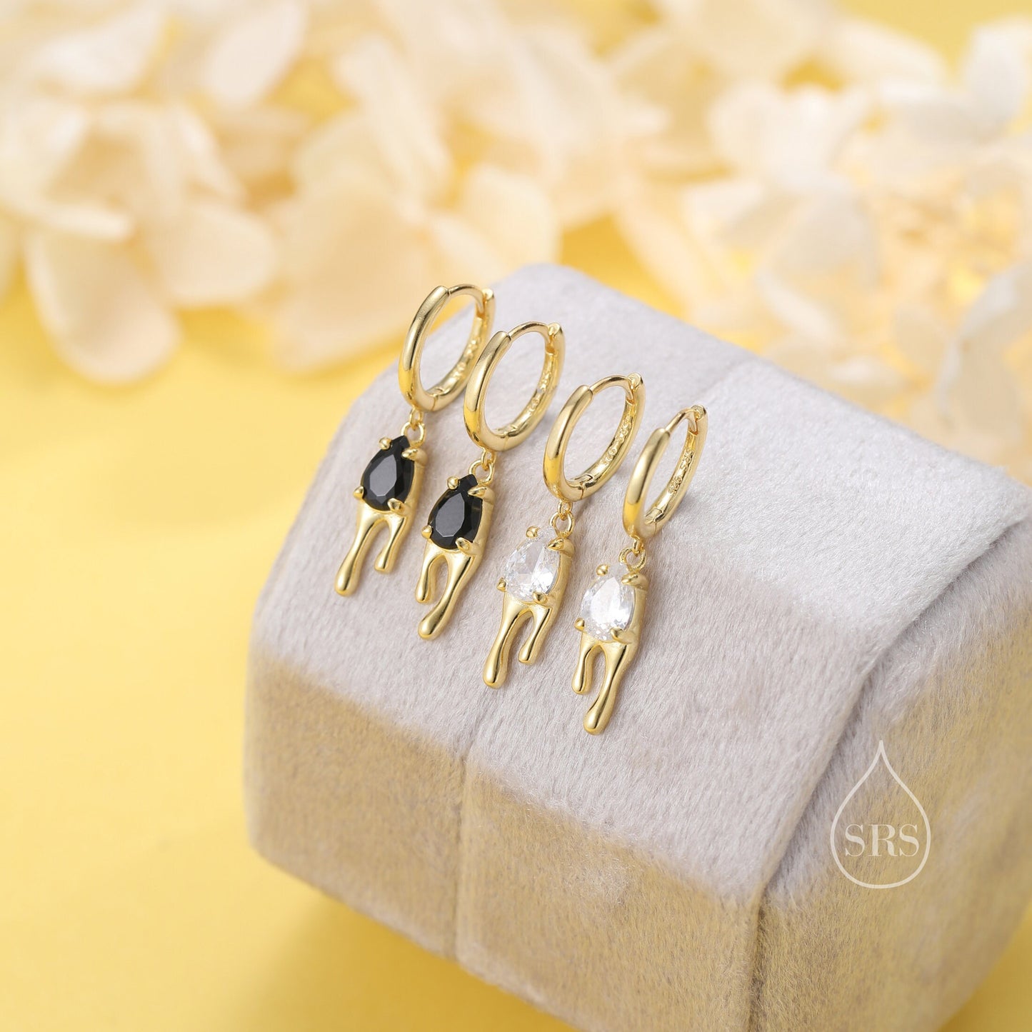 Pear Cut CZ Melting Hoop Earrings in Sterling Silver,  Silver or Gold, Dripping Hoops, Melting Hoops