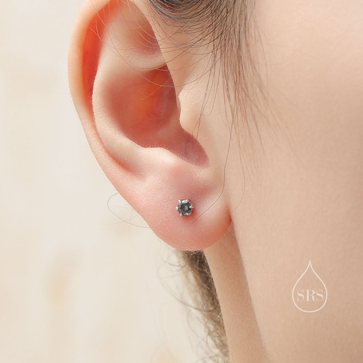 Sterling Silver Mystic Black CZ Stud Earrings, Extra Tiny 3mm Minimal Aurora Colour Changing CZ Earrings, Iridescent Black Crystal Stud