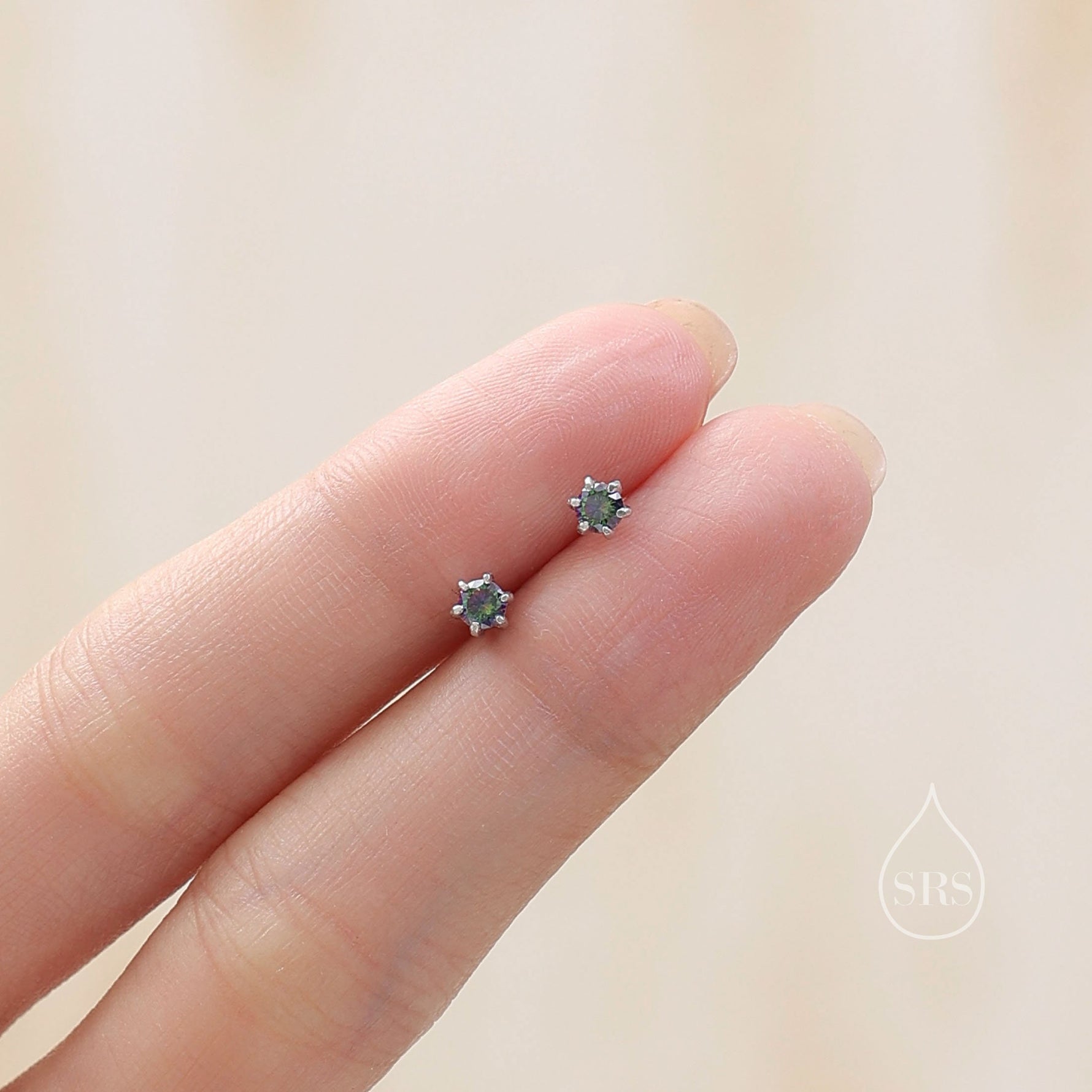 Sterling Silver Mystic Black CZ Stud Earrings, Extra Tiny 3mm Minimal Aurora Colour Changing CZ Earrings, Iridescent Black Crystal Stud