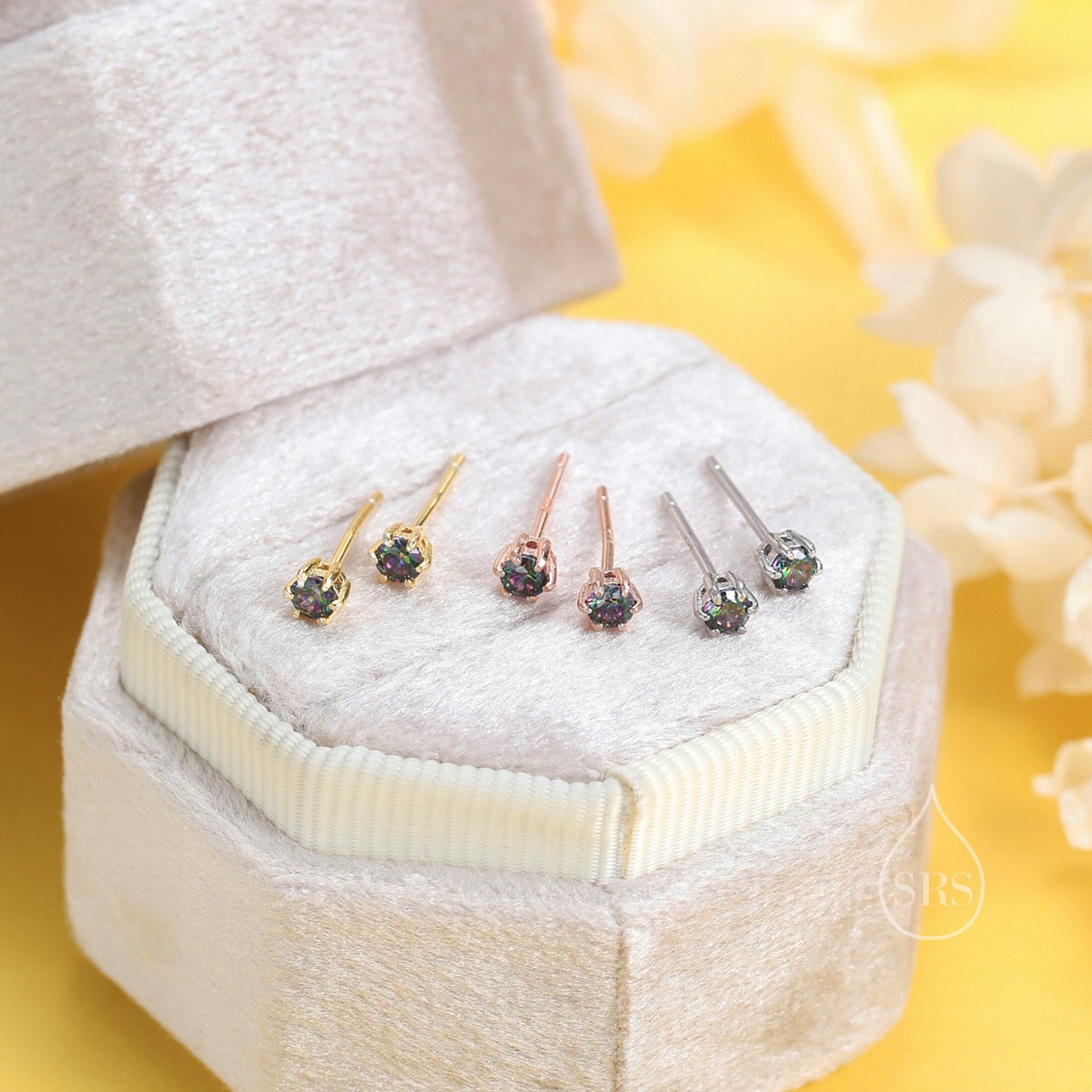 Sterling Silver Mystic Black CZ Stud Earrings, Extra Tiny 3mm Minimal Aurora Colour Changing CZ Earrings, Iridescent Black Crystal Stud