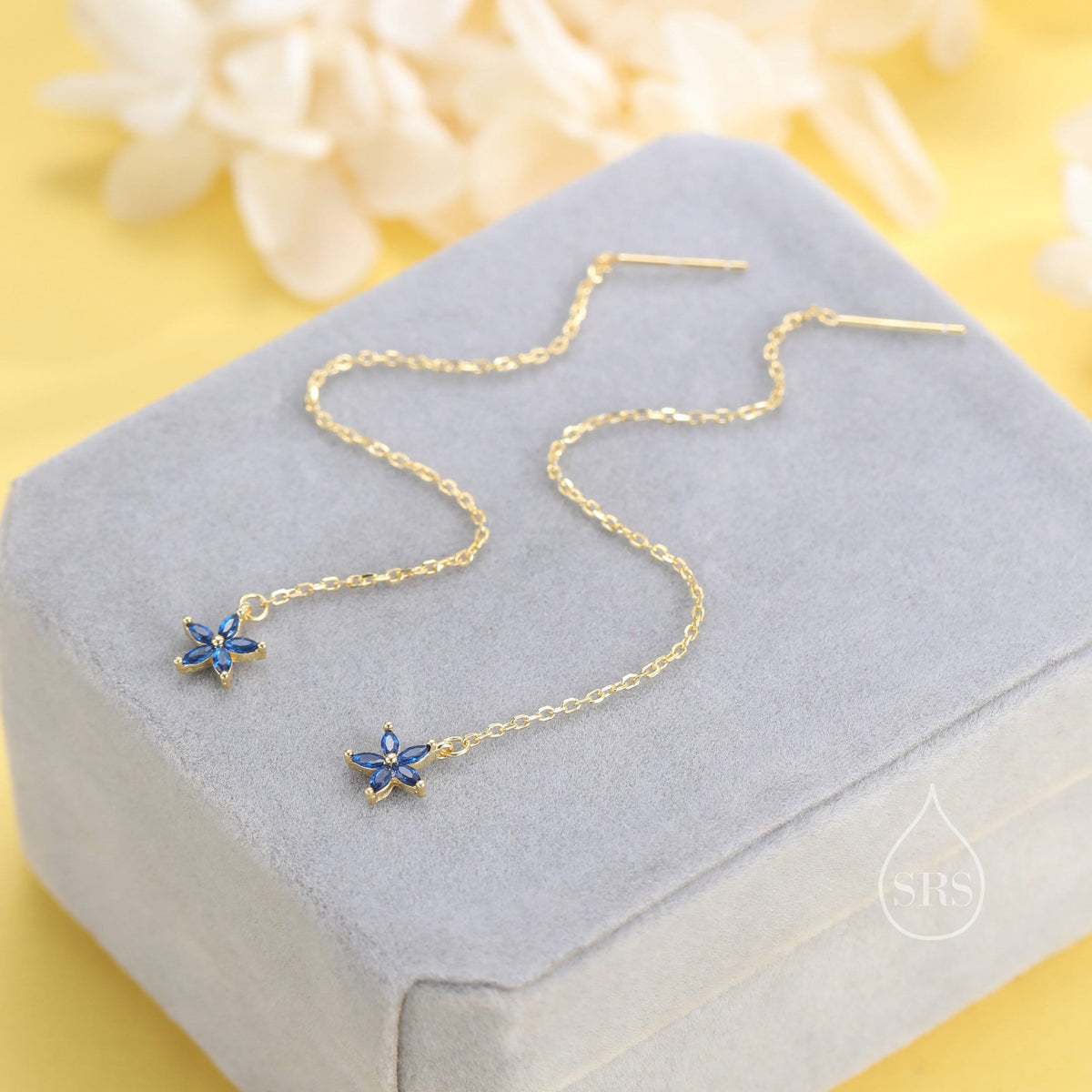 Sapphire Blue CZ Flower Threader Earrings in Sterling Silver, Silver or Gold, Forget-me-not Floral Ear Threaders, Sparkly CZ Threaders