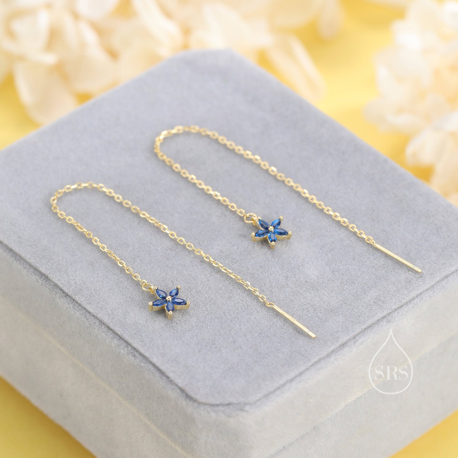 Sapphire Blue CZ Flower Threader Earrings in Sterling Silver, Silver or Gold, Forget-me-not Floral Ear Threaders, Sparkly CZ Threaders