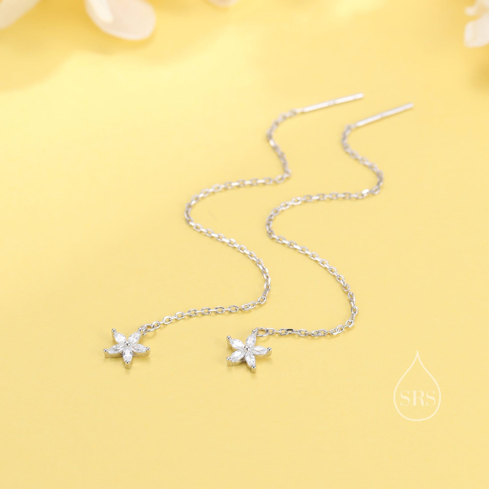 CZ Flower Threader Earrings in Sterling Silver, Silver or Gold, Forget-me-not Floral Ear Threaders, Sparkly CZ Threaders