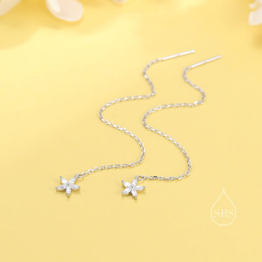 CZ Flower Threader Earrings in Sterling Silver, Silver or Gold, Forget-me-not Floral Ear Threaders, Sparkly CZ Threaders