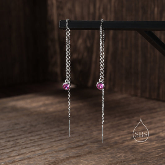 Ruby Pink CZ Dot Threader Earrings in Sterling Silver, Silver or Gold, Minimalist Double Piercing Ear Threaders, July Birthstone, Hot Pink