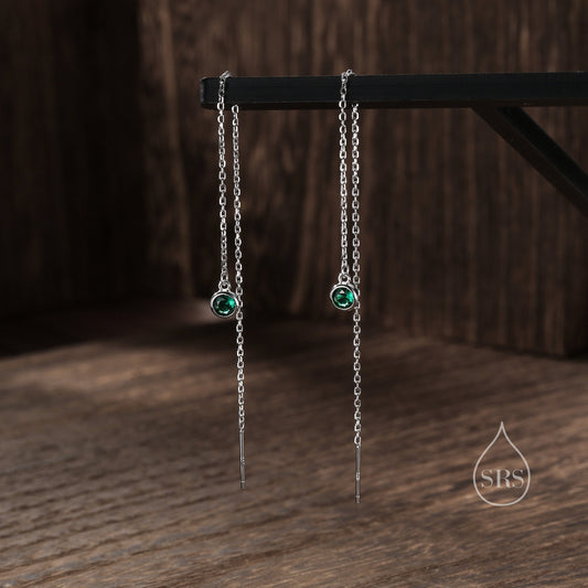 Emerald Green CZ Dot Threader Earrings in Sterling Silver, Silver or Gold, Minimalist Double Piercing Ear Threaders, May Birthstone