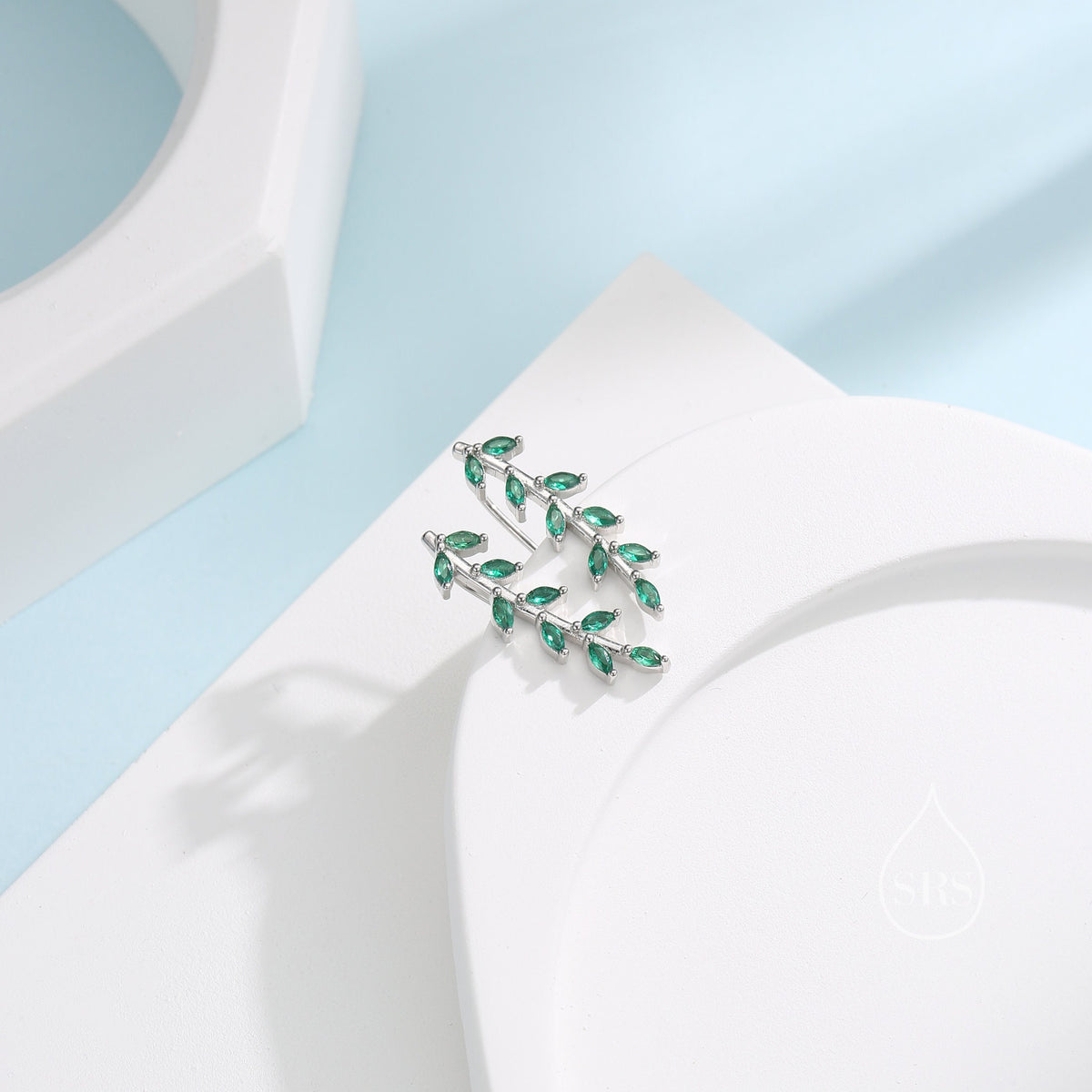 Emerald Green CZ Leaf Crawler Earrings in Sterling Silver, Silver, Gold or Rose Gold, Olive Branch Climber Earrings, Nature Inspired Earring