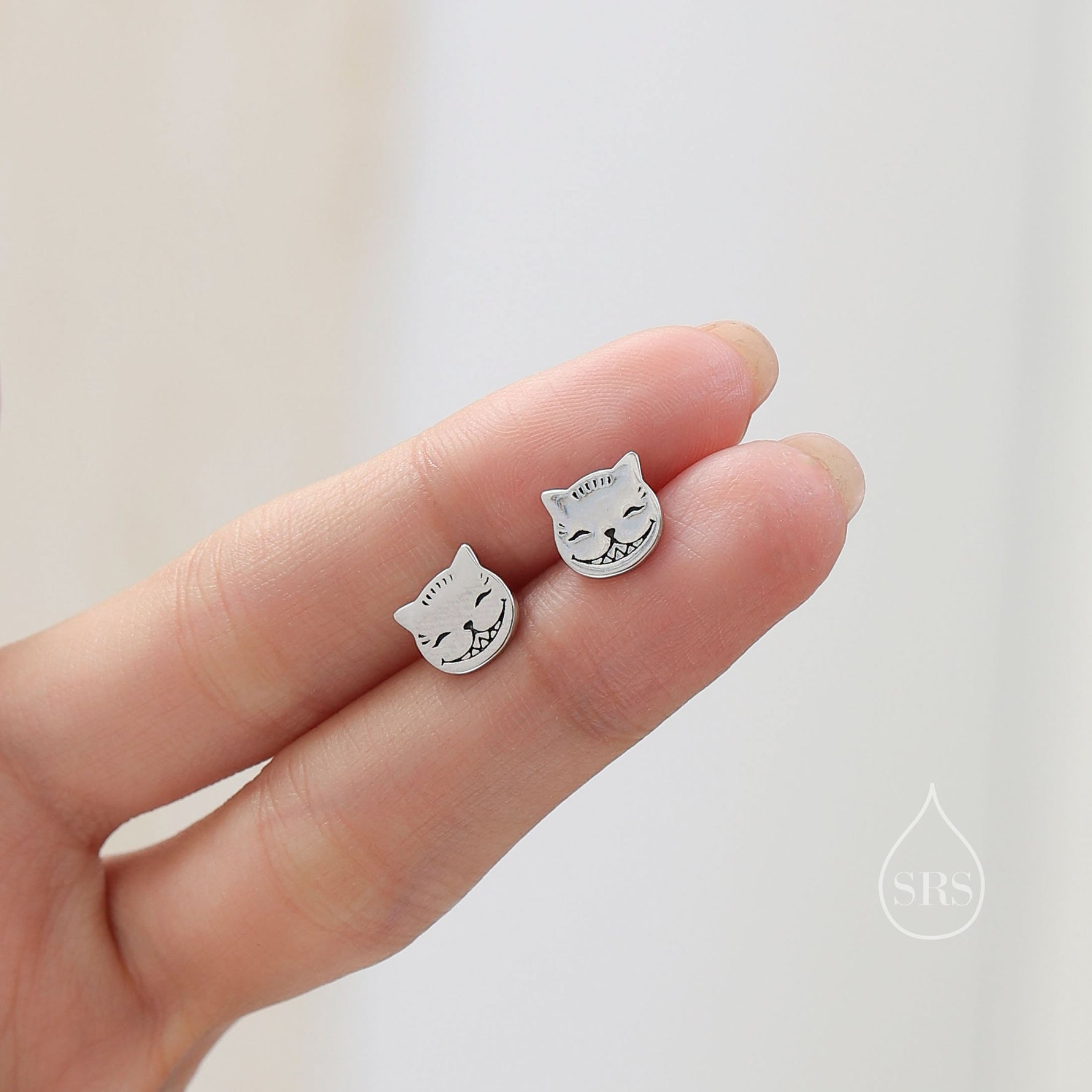 Cheshire Cat Stud Earrings in Sterling Silver, Silver or Gold or Rose Gold, Alice Fairy Tale Earrings