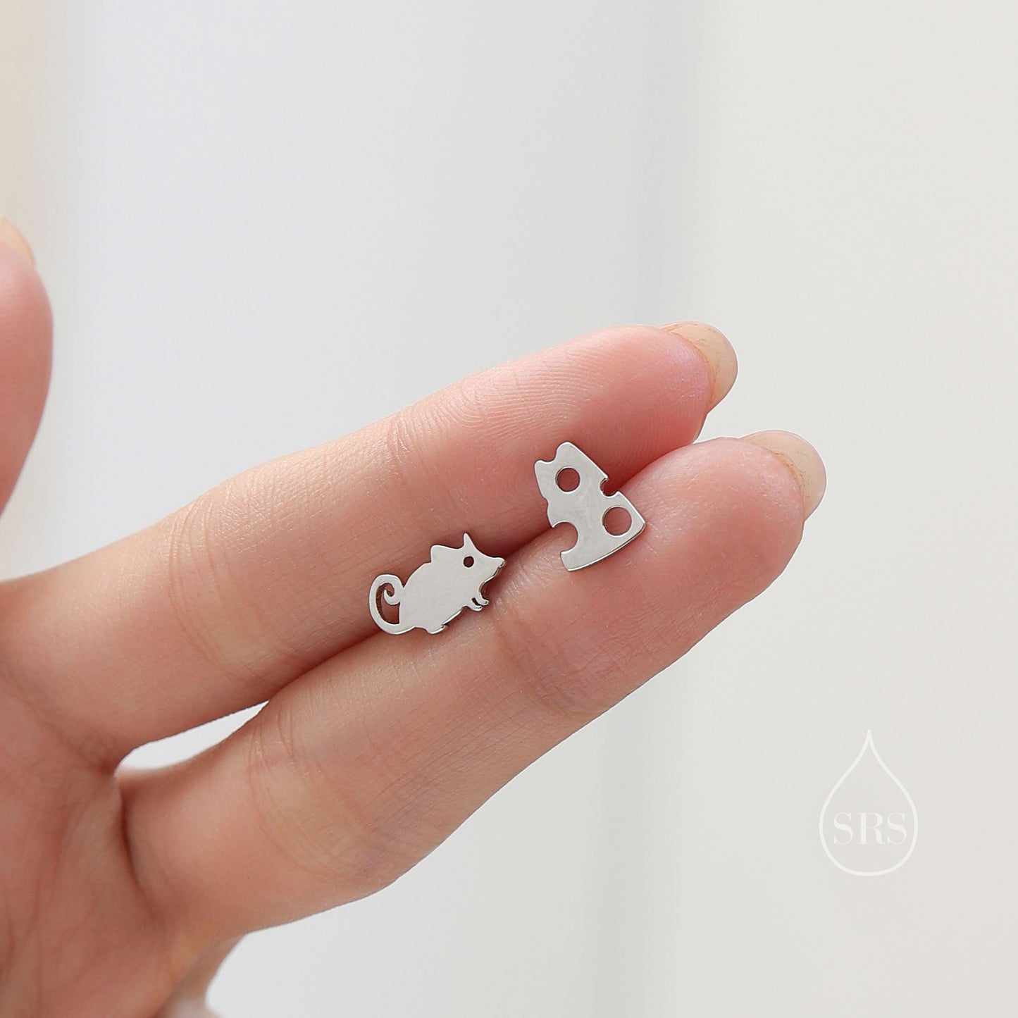 Mouse and Cheese Stud Earrings in Sterling Silver, Cute Fun Quirky Animal Jewellery, Animal Lover, Nature Inspired