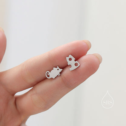 Mouse and Cheese Stud Earrings in Sterling Silver, Cute Fun Quirky Animal Jewellery, Animal Lover, Nature Inspired
