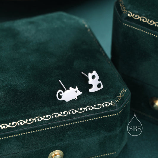 Mouse and Cheese Stud Earrings in Sterling Silver, Cute Fun Quirky Animal Jewellery, Animal Lover, Nature Inspired