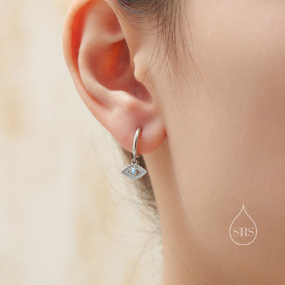 Blue Opal Evil Eye Huggie Hoop Earrings in Sterling Silver, Silver or Gold Eye Hoops, Lab Opal Evil Eye Earrings