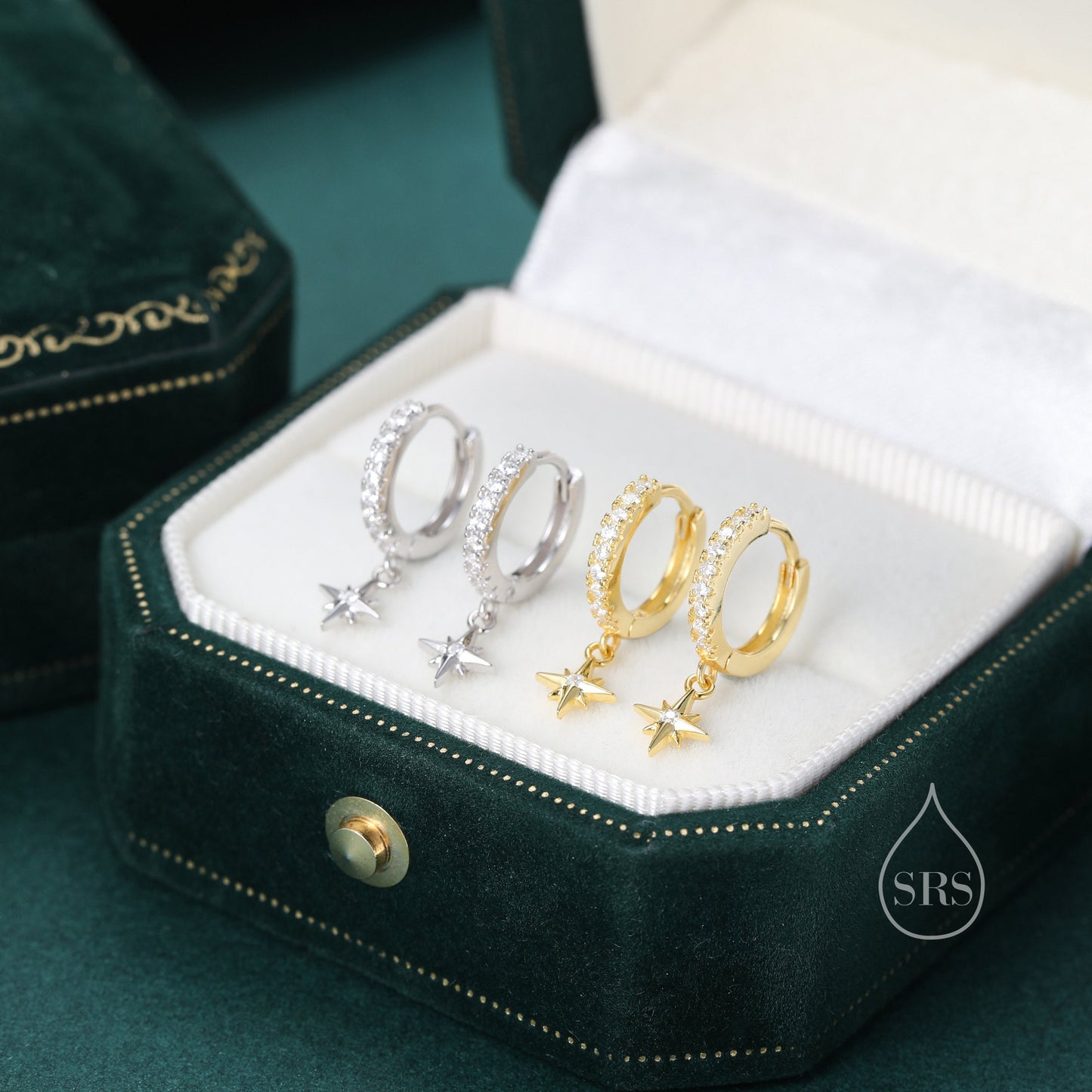 Tiny CZ Starburst Huggie Hoop Earrings in Sterling Silver, Silver or Gold, North Star Earrings, Sunburst Earrings, Celestial