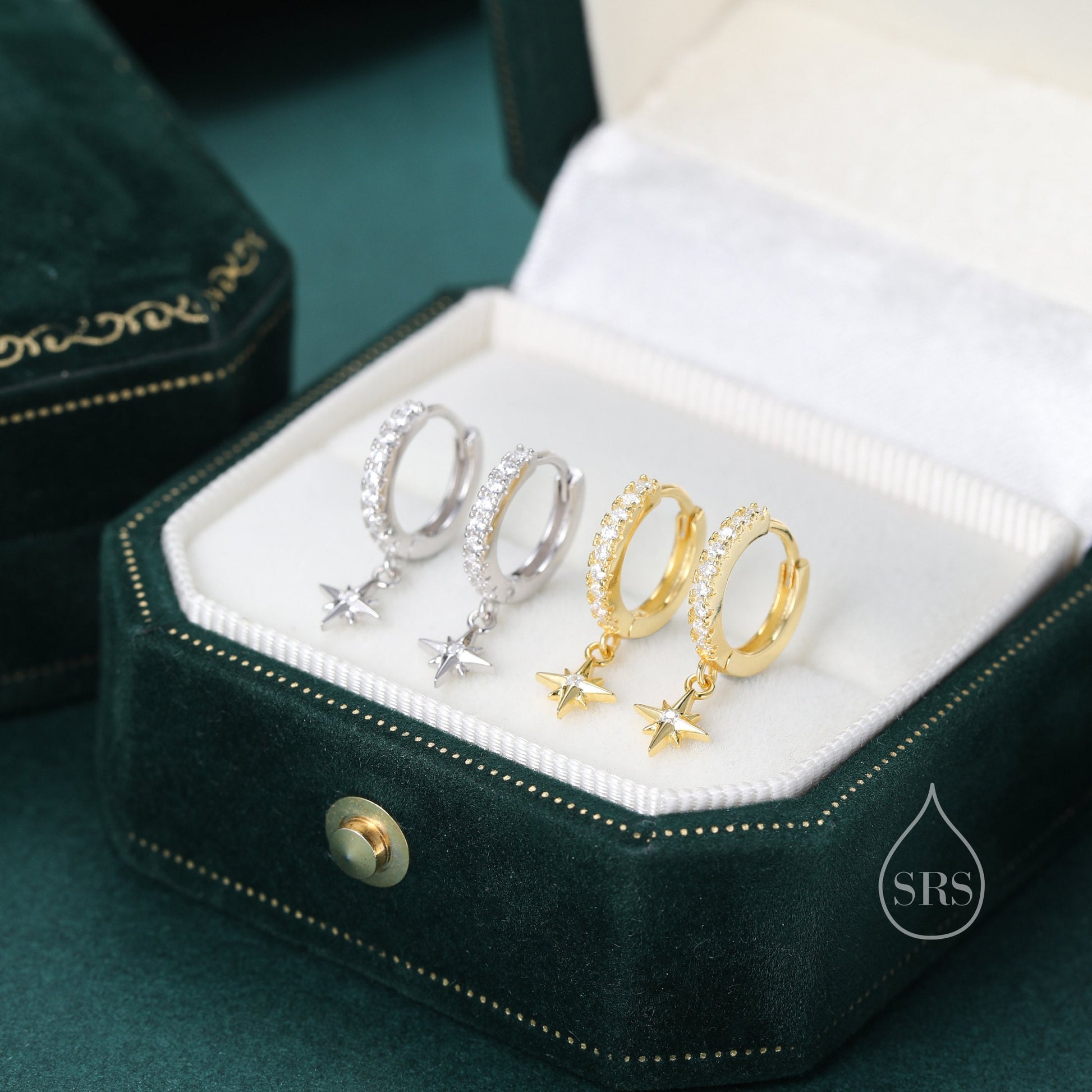 Tiny CZ Starburst Huggie Hoop Earrings in Sterling Silver, Silver or Gold, North Star Earrings, Sunburst Earrings, Celestial