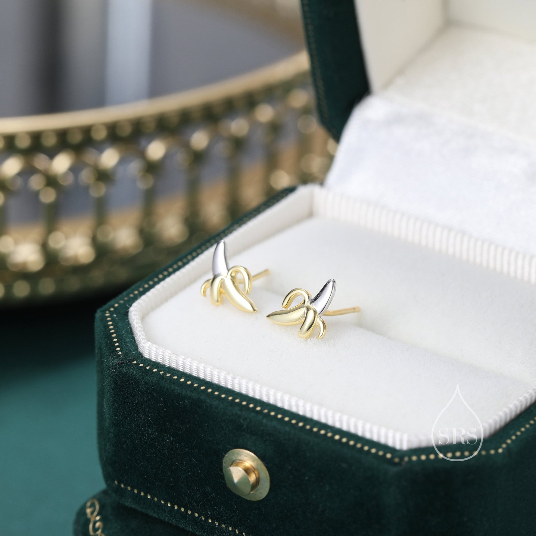 Tiny Banana Stud Earrings in Sterling Silver with Partial Gold Plate, Cute and Quirky Food Jewellery, Fruit Earrings, Banana Earrings