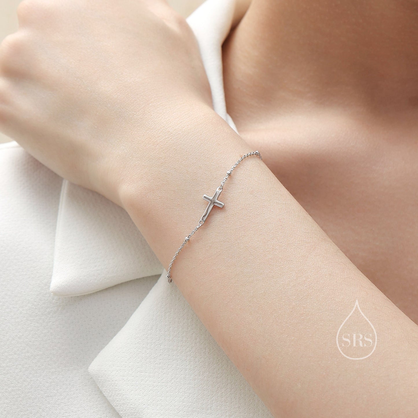 Dainty Cross Bracelet/Anklet with Satellite Chain in Sterling Silver, Silver or Gold or Rose Gold, Minimal Cross Bracelet, Minimalist