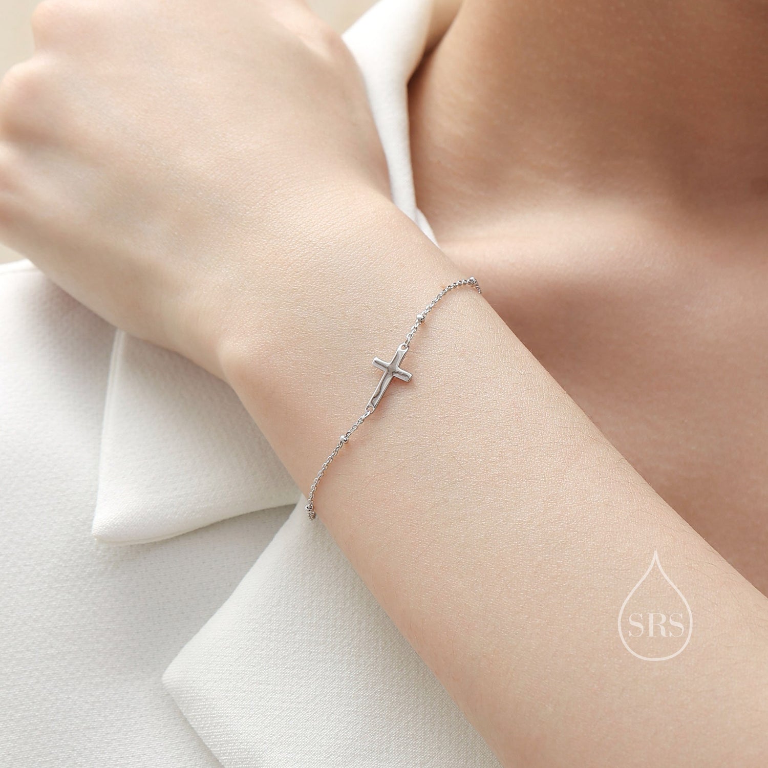 Dainty Cross Bracelet/Anklet with Satellite Chain in Sterling Silver, Silver or Gold or Rose Gold, Minimal Cross Bracelet, Minimalist