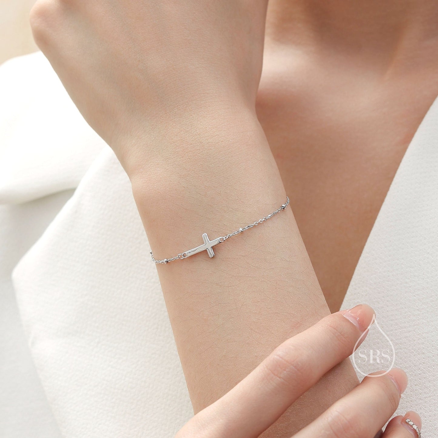 Dainty Cross Bracelet/Anklet with Satellite Chain in Sterling Silver, Silver or Gold or Rose Gold, Minimal Cross Bracelet, Minimalist