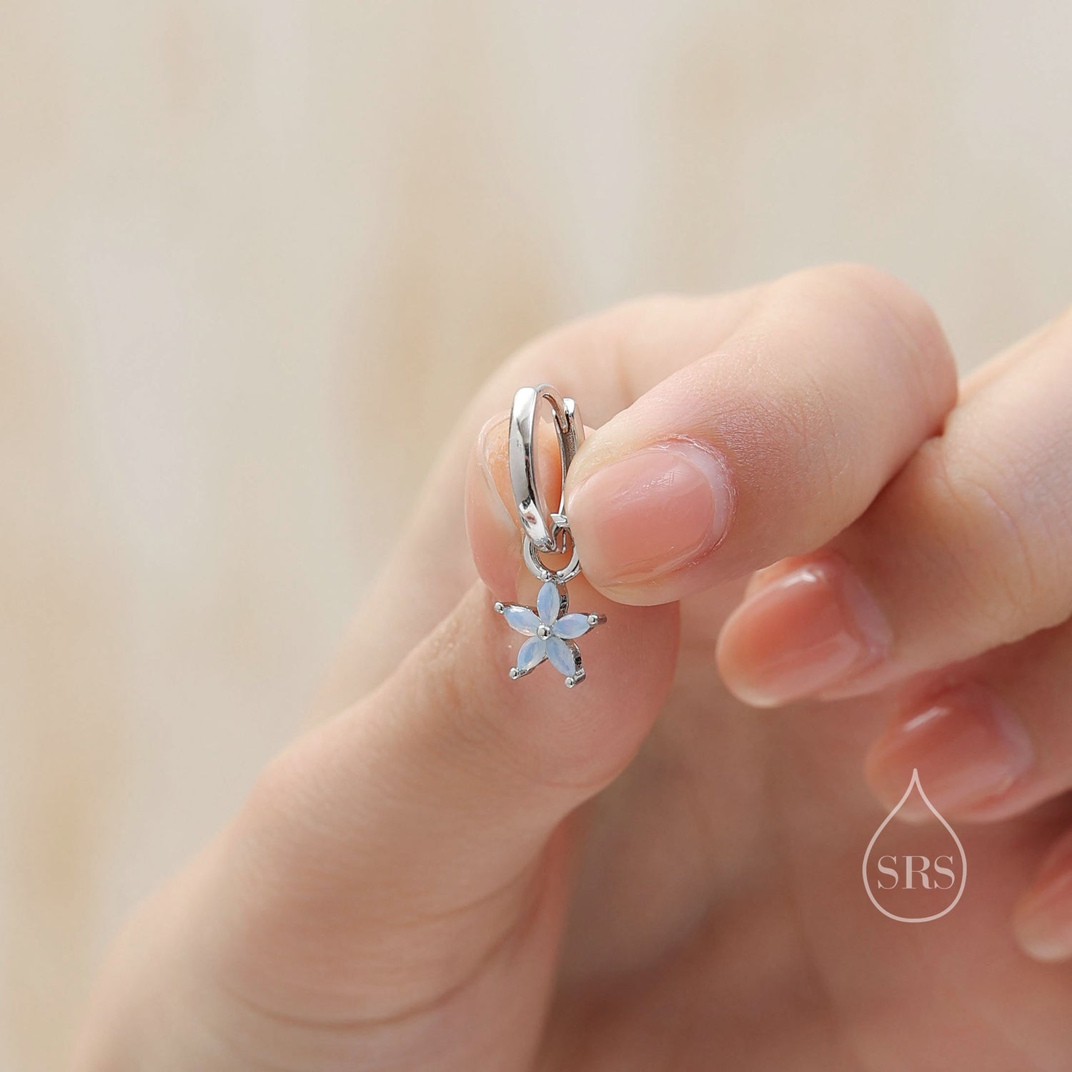 Flower CZ Huggie Hoop in Sterling Silver, Opal Blue or Opal Pink Flower Hoops, Silver or Gold, Detachable and Interchangeable Flower Charms