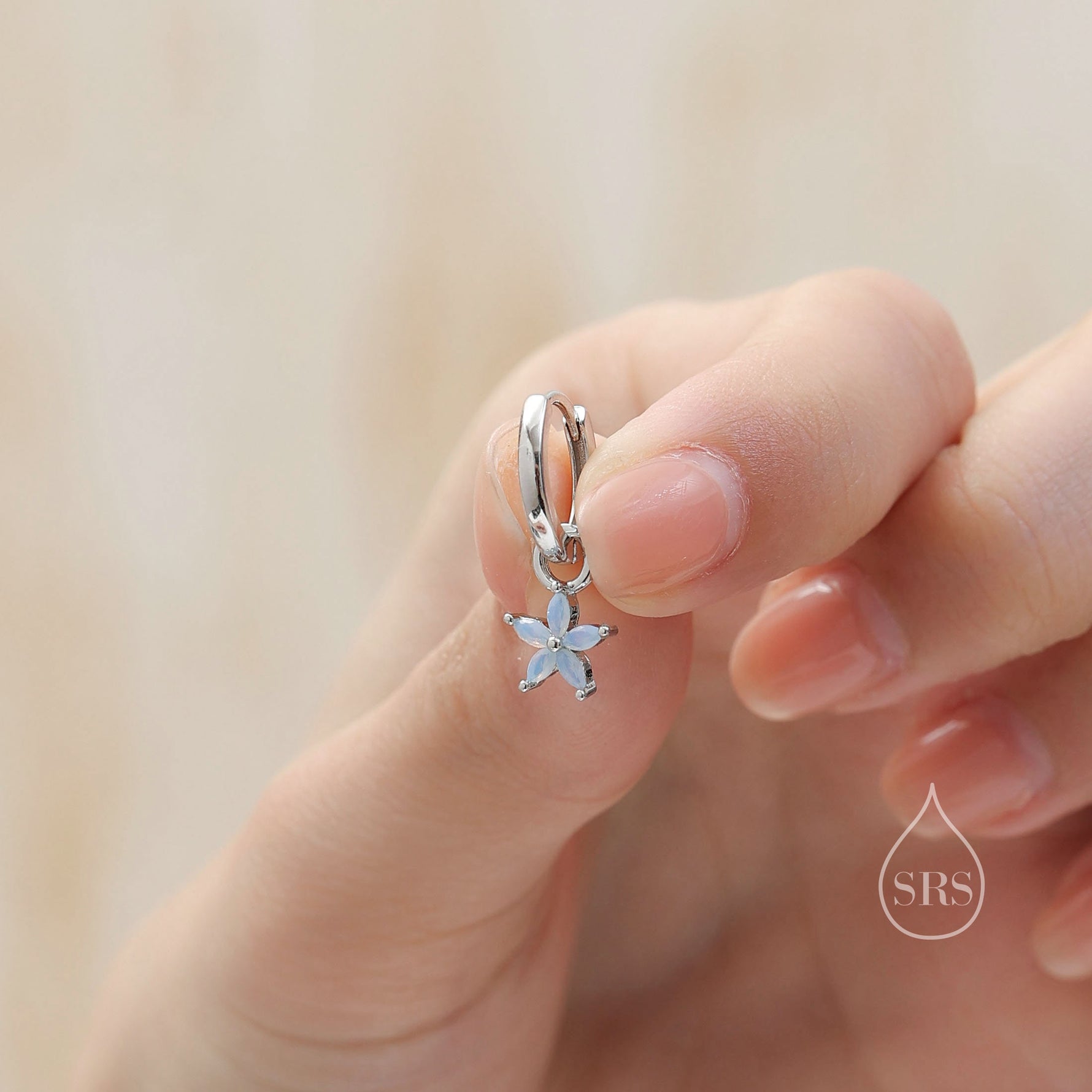 Flower CZ Huggie Hoop in Sterling Silver, Opal Blue or Opal Pink Flower Hoops, Silver or Gold, Detachable and Interchangeable Flower Charms