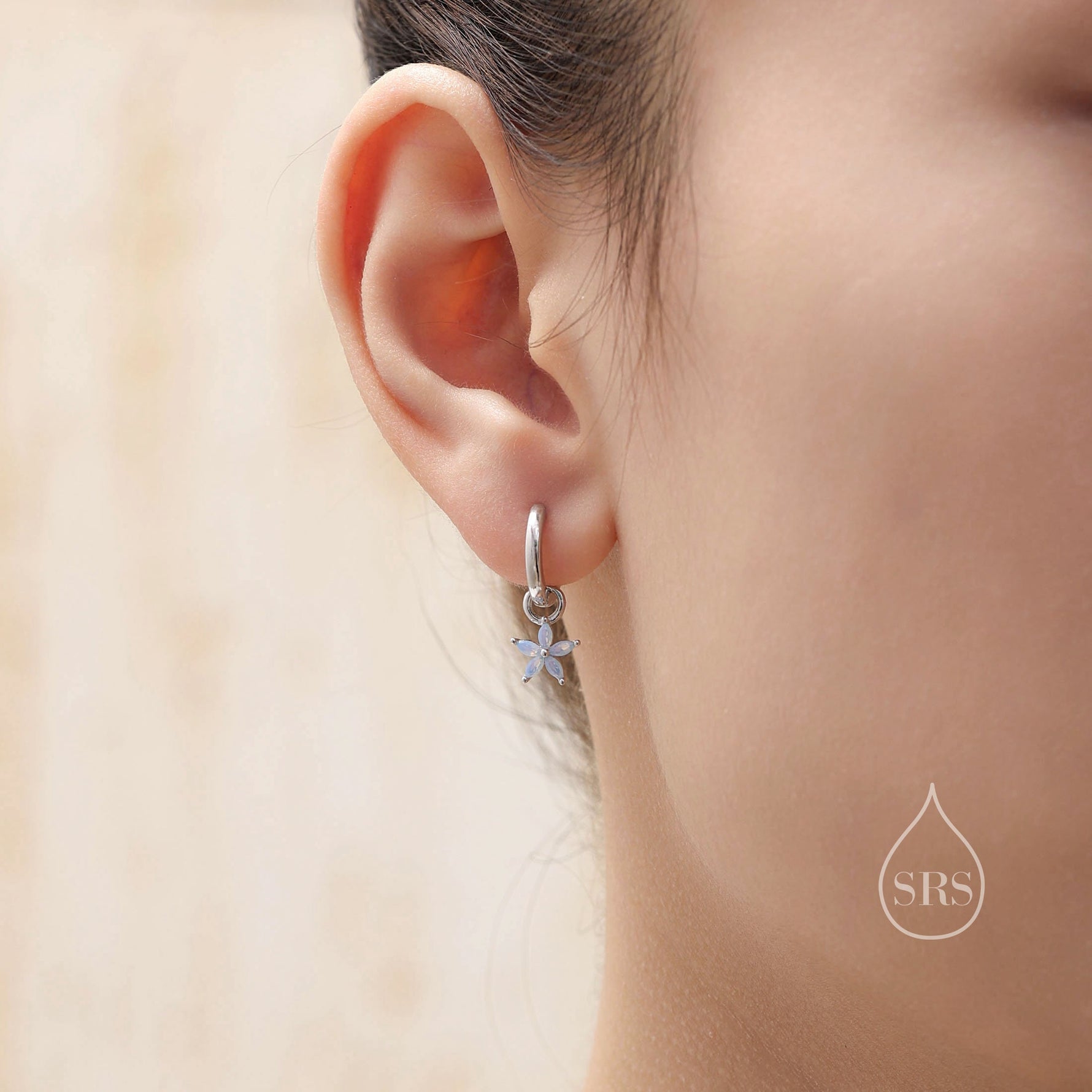 Flower CZ Huggie Hoop in Sterling Silver, Opal Blue or Opal Pink Flower Hoops, Silver or Gold, Detachable and Interchangeable Flower Charms