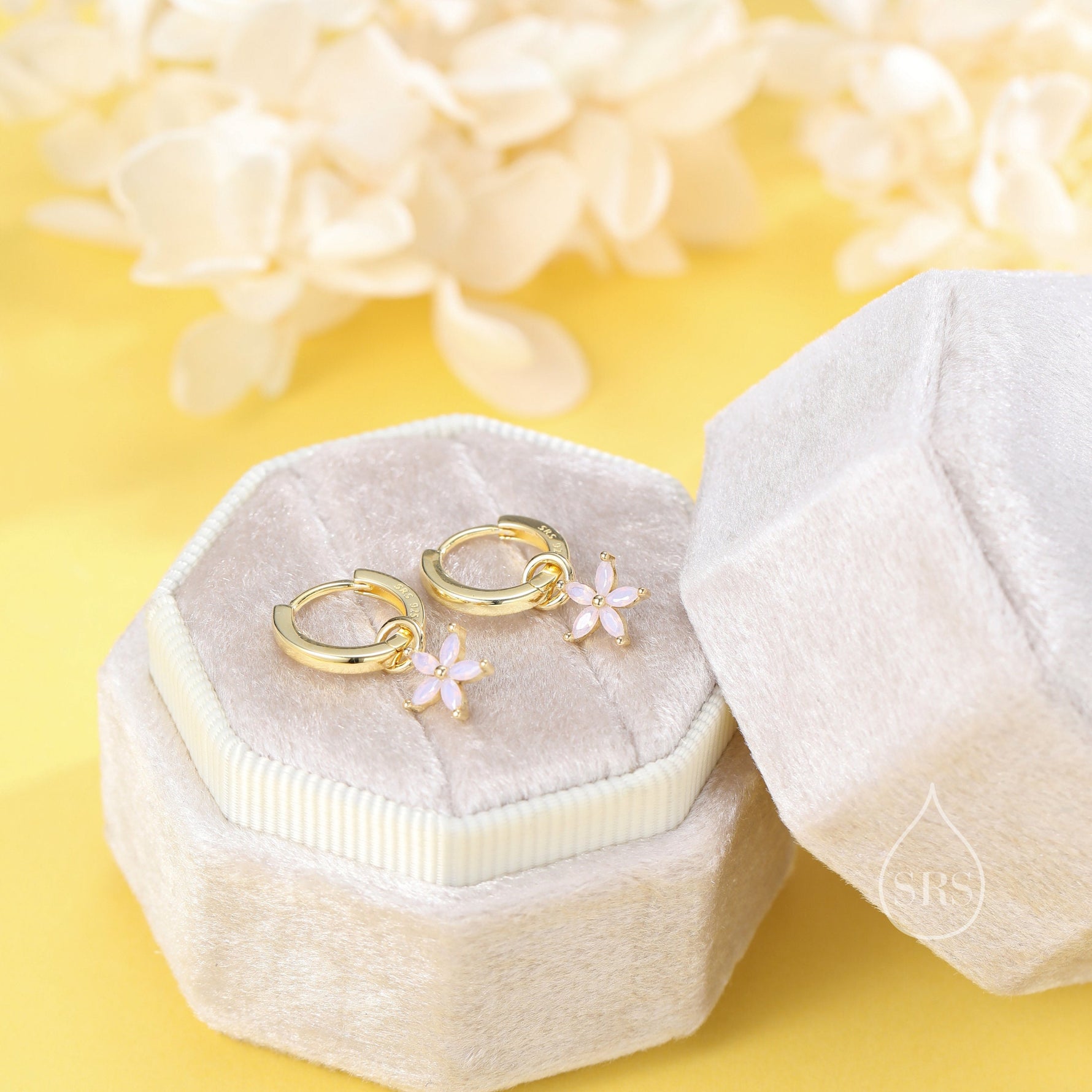 Flower CZ Huggie Hoop in Sterling Silver, Opal Blue or Opal Pink Flower Hoops, Silver or Gold, Detachable and Interchangeable Flower Charms