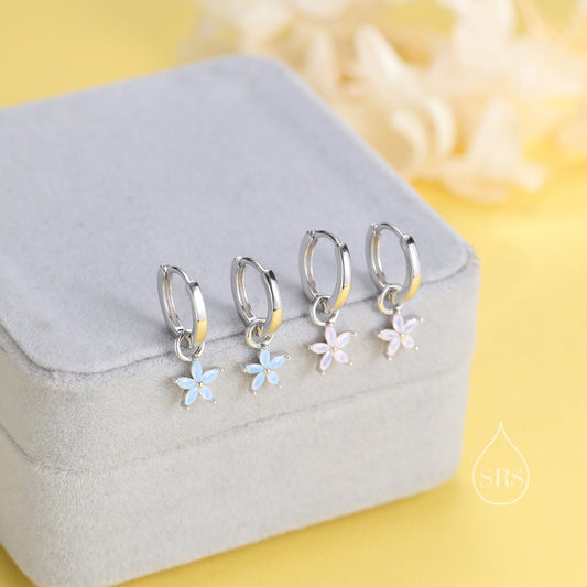 Flower CZ Huggie Hoop in Sterling Silver, Opal Blue or Opal Pink Flower Hoops, Silver or Gold,  Detachable and Interchangeable Flower Charms