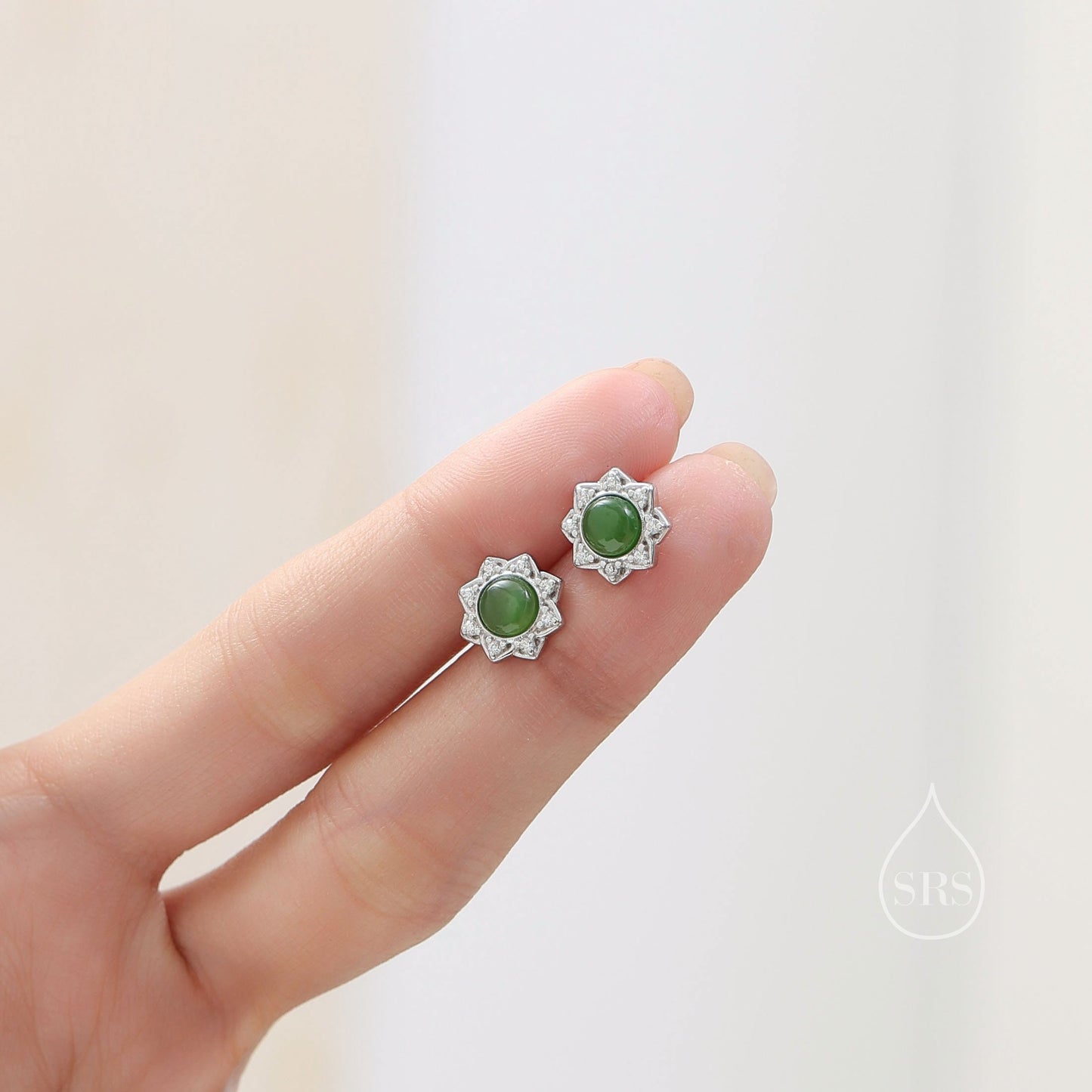 Vintage Inspired Jade Flower CZ Stud Earrings, Jade Halo CZ Earrings, Natural Jasper Jade Earrings, Jade CZ Earrings