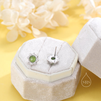 Vintage Inspired Jade Flower CZ Stud Earrings, Jade Halo CZ Earrings, Natural Jasper Jade Earrings, Jade CZ Earrings