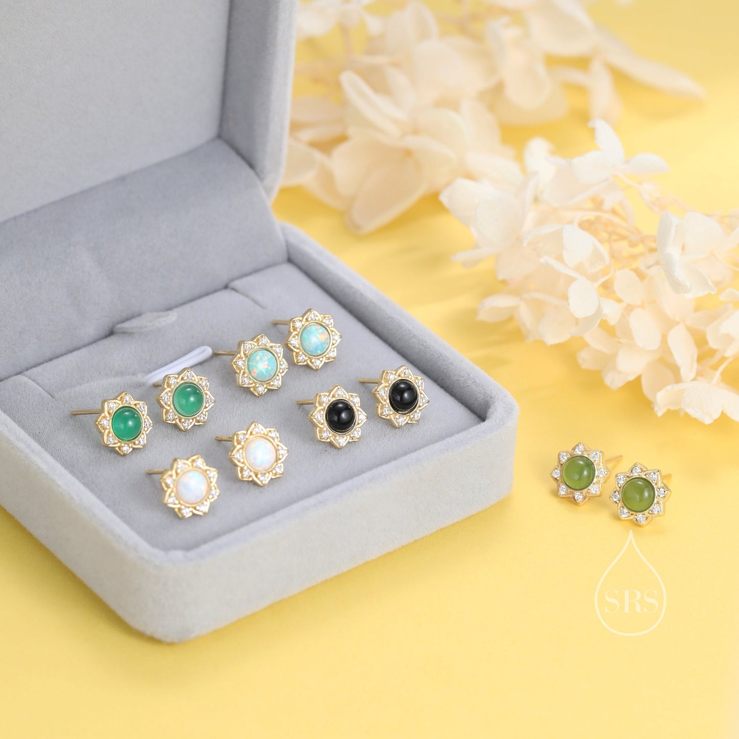 Vintage Inspired Aqua Green Opal Flower CZ Stud Earrings, Lab Opal Halo CZ Earrings, Green Opal Earrings, Vintage Style Opal  CZ Earrings