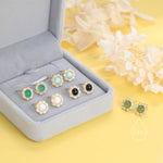 Vintage Inspired Green Onyx Flower CZ Stud Earrings, Green Agate Halo CZ Earrings, Natural Green Jade Earrings