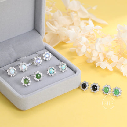 Vintage Inspired Green Onyx Flower CZ Stud Earrings, Green Agate Halo CZ Earrings, Natural Green Jade Earrings