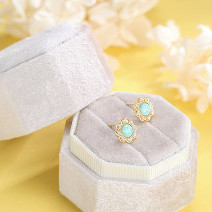 Vintage Inspired Aqua Green Opal Flower CZ Stud Earrings, Lab Opal Halo CZ Earrings, Green Opal Earrings, Vintage Style Opal  CZ Earrings