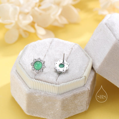 Vintage Inspired Green Onyx Flower CZ Stud Earrings, Green Agate Halo CZ Earrings, Natural Green Jade Earrings