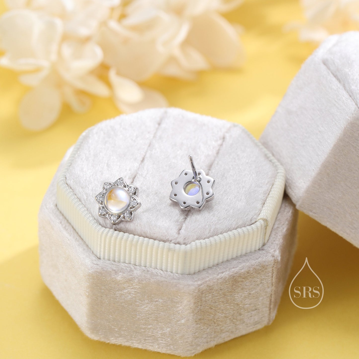 Vintage Inspired Moonstone Flower CZ Stud Earrings, Lab Moonstone Halo CZ Earrings, Simulated Moonstone Earrings