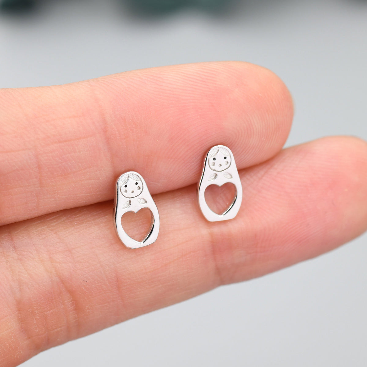 Sterling Silver Nesting Doll Stud Earrings, Silver Finish or Gold Finish, Nesting Doll Earrings