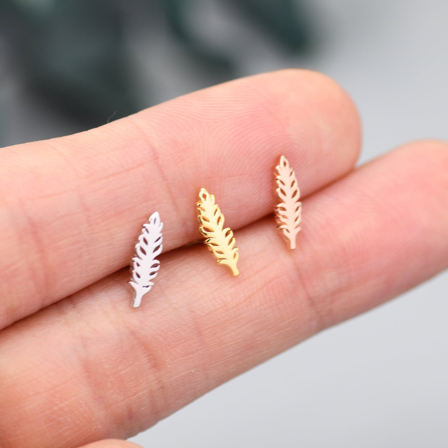 Tiny Feather Stud Earrings in Sterling Silver, Silver, Gold or Rose Gold,  Nature Inspired Animal Earrings