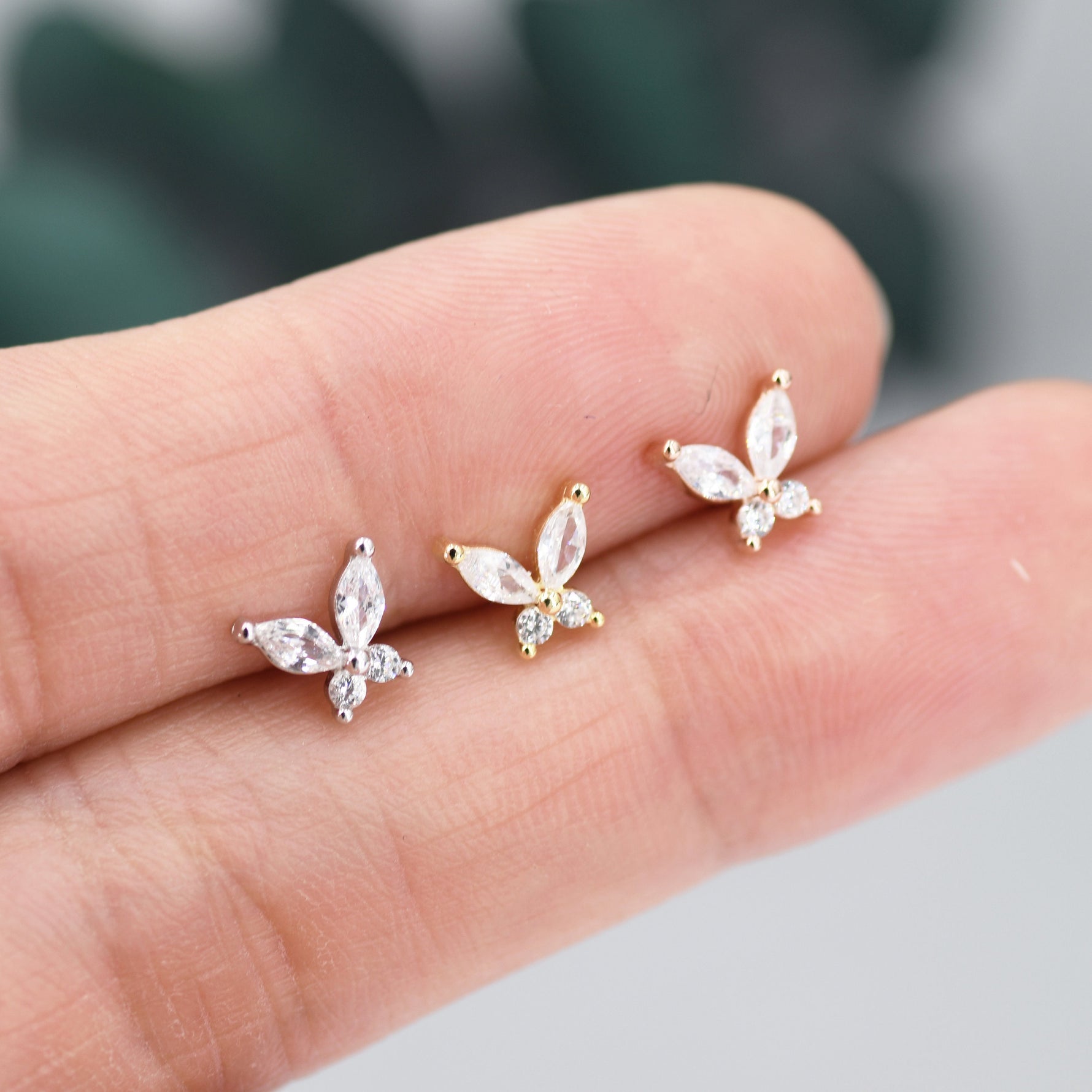 Sterling Silver CZ Butterfly Stud Earrings, Gold or Silver or Rose Gold, Marquise CZ Earrings, Stacking Earrings