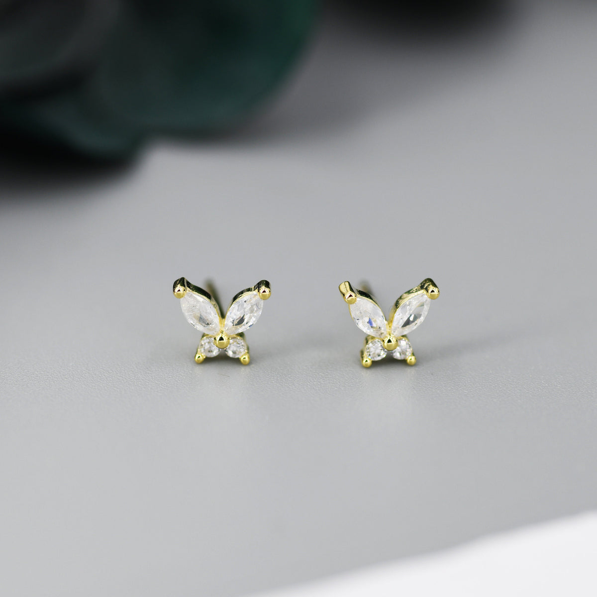 Sterling Silver CZ Butterfly Stud Earrings, Gold or Silver or Rose Gold, Marquise CZ Earrings, Stacking Earrings