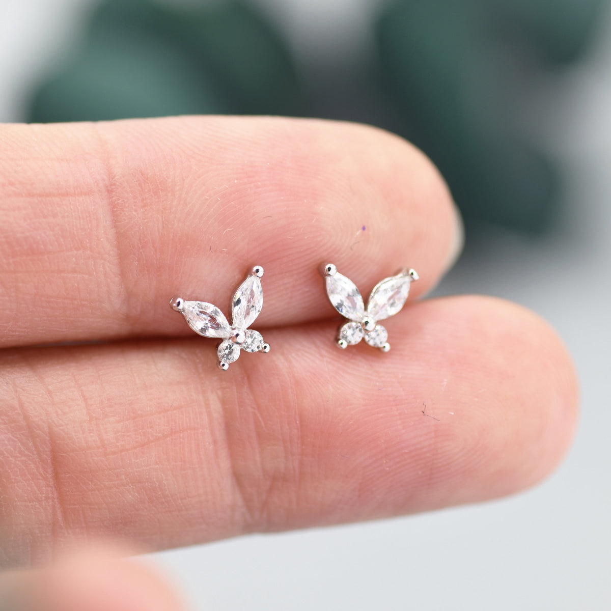 Sterling Silver CZ Butterfly Stud Earrings, Gold or Silver or Rose Gold, Marquise CZ Earrings, Stacking Earrings